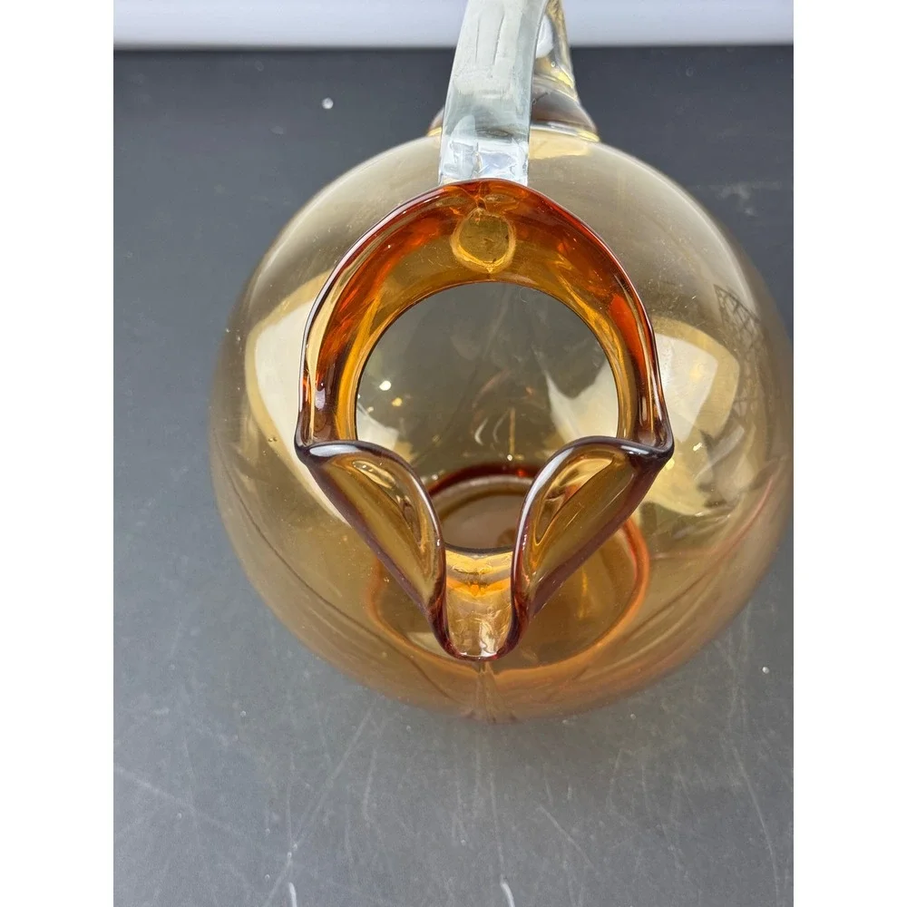 Vintage Cambridge Amber Hand Blown Glass Tilt Pitcher‎ Clear Handle MCM 8.5